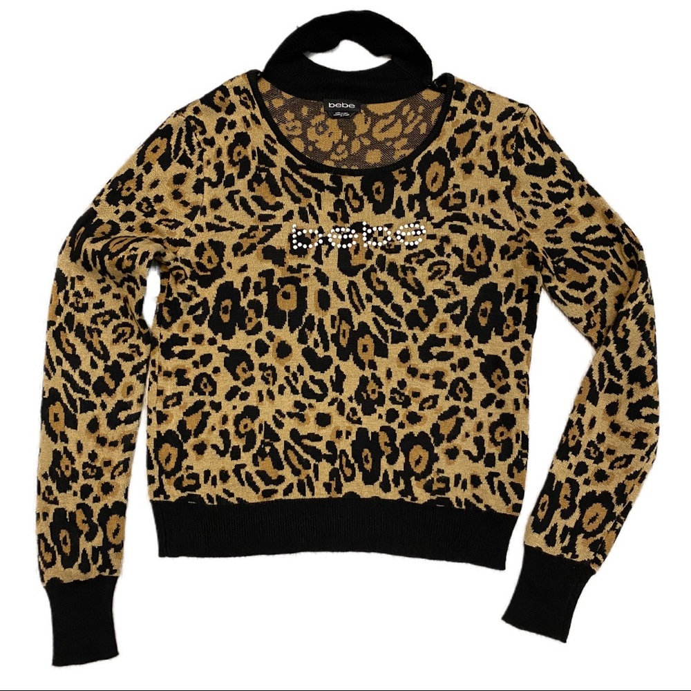 BEBE Designer Leopard Print Sweater w Neck Collar